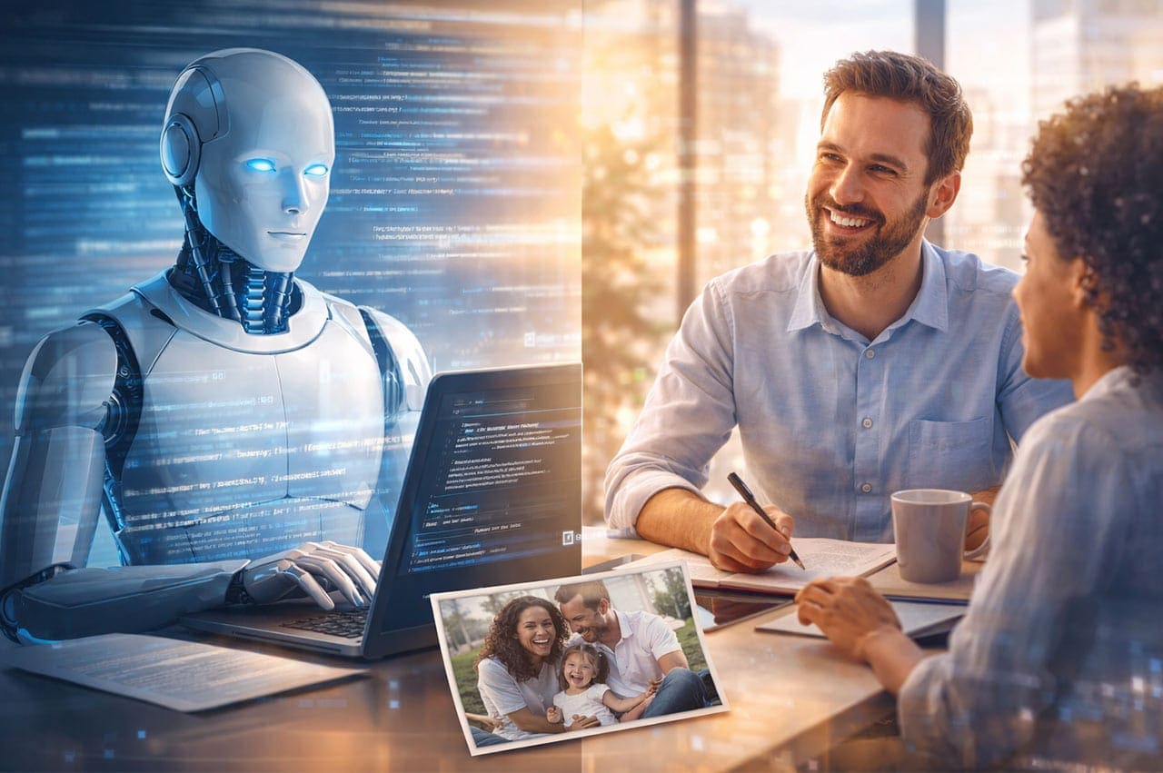 Menschliche Interaktion mit KI-gestütztem Roboter im Content-Marketing-Umfeld.