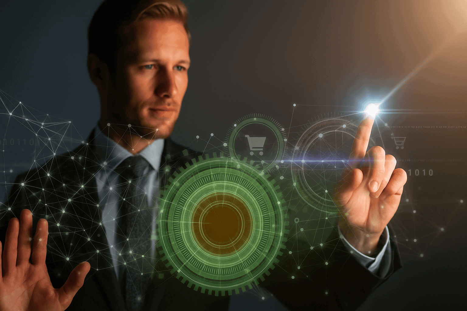 Mann interagiert mit digitaler Markenführung und innovativen Technologien.
