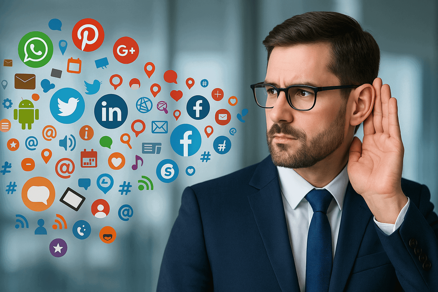 Mann hört aufmerksam zu, um Social Listening und Markenüberwachung zu verbessern.