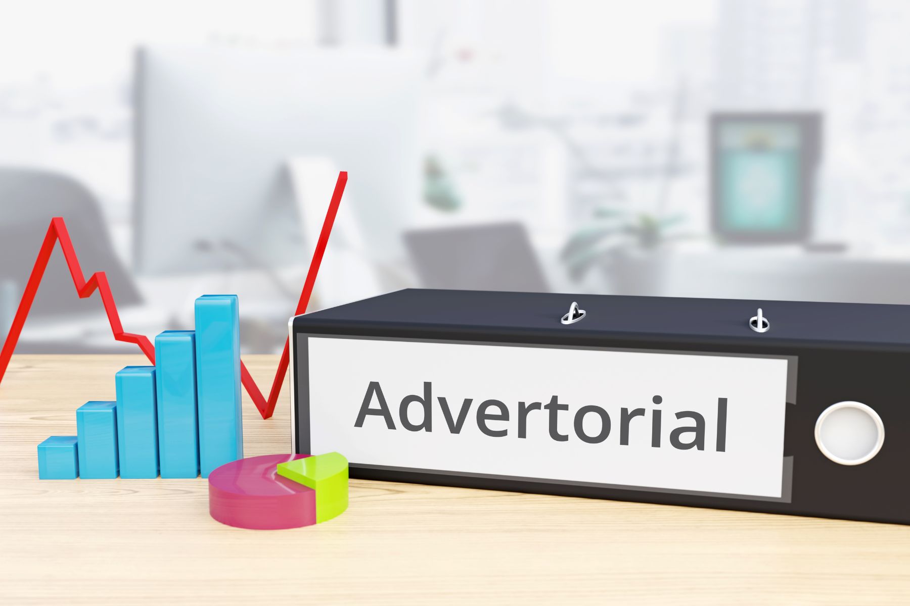 Büro mit Aktenordnern und "Advertorial" Beschriftung, symbolisiert redaktionelle Werbung.