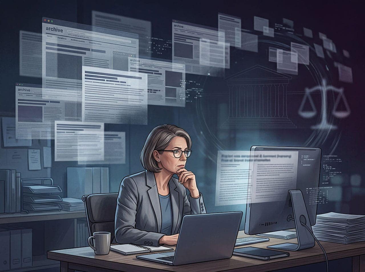 Nachdenkliche Frau am Computer mit digitalen Dokumenten und Waage im Hintergrund.