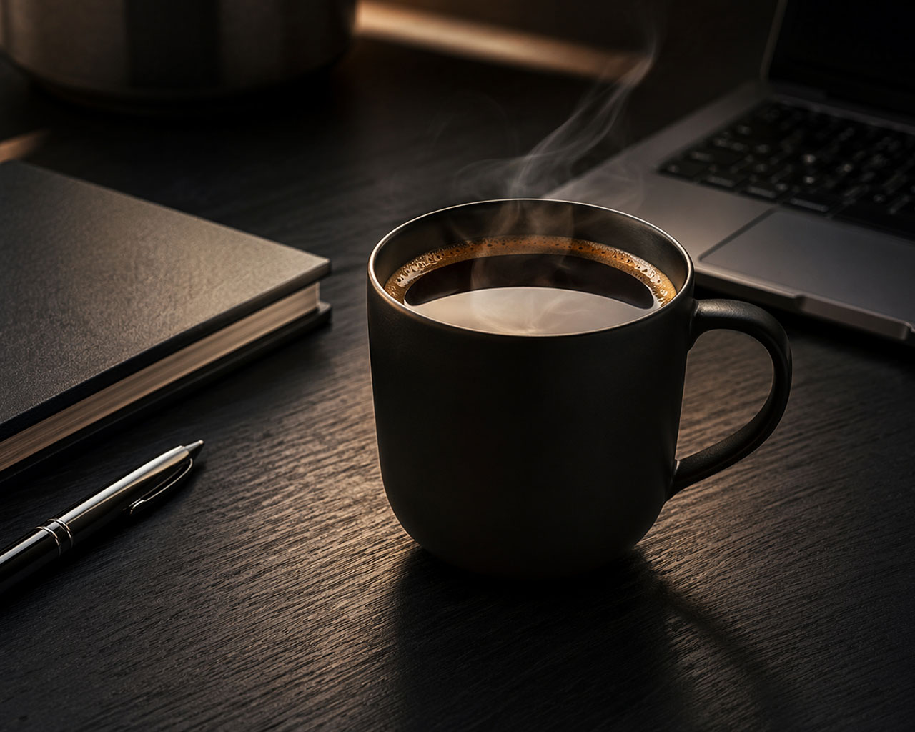 Kaffeetasse mit heißem Kaffee auf dunklem Schreibtisch, Laptop und Notizbuch im Hintergrund.