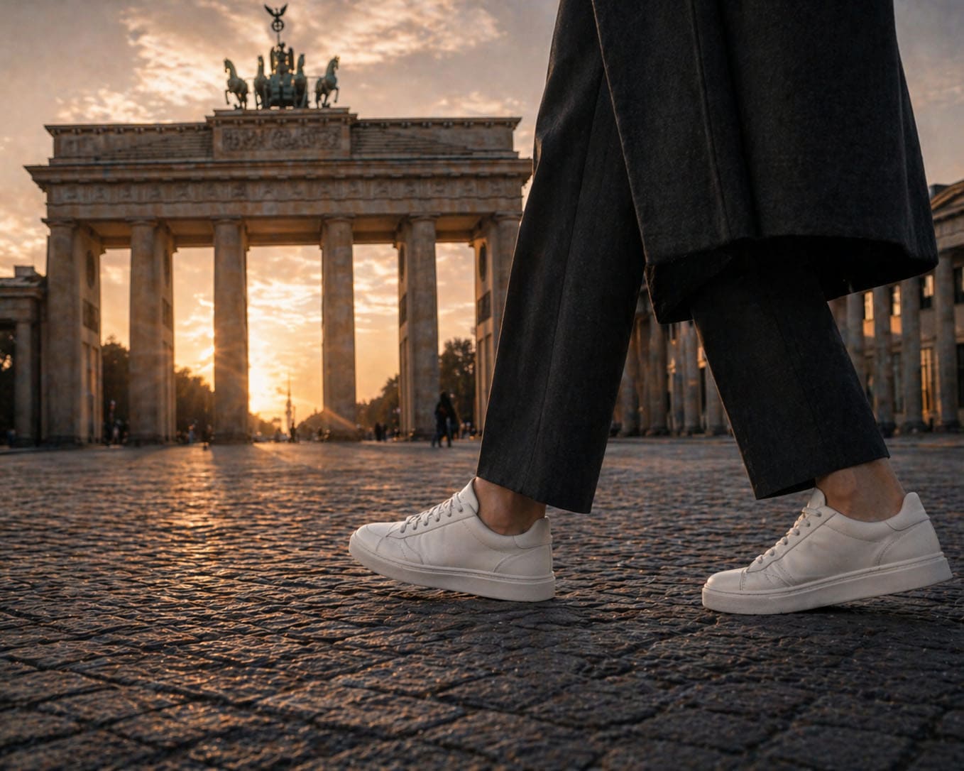 Person läuft vor dem Brandenburger Tor in Berlin bei Sonnenuntergang, Fokus auf weiße Turnschuhe.