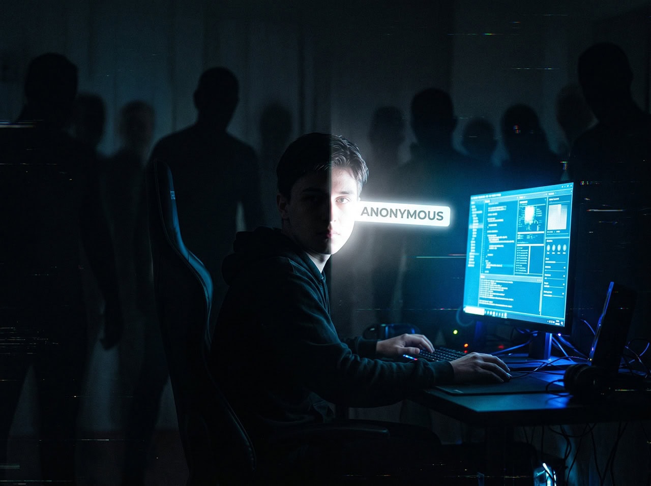 Junge Person vor Computer mit Datenschutz- und Anonymitätssymbolen.
