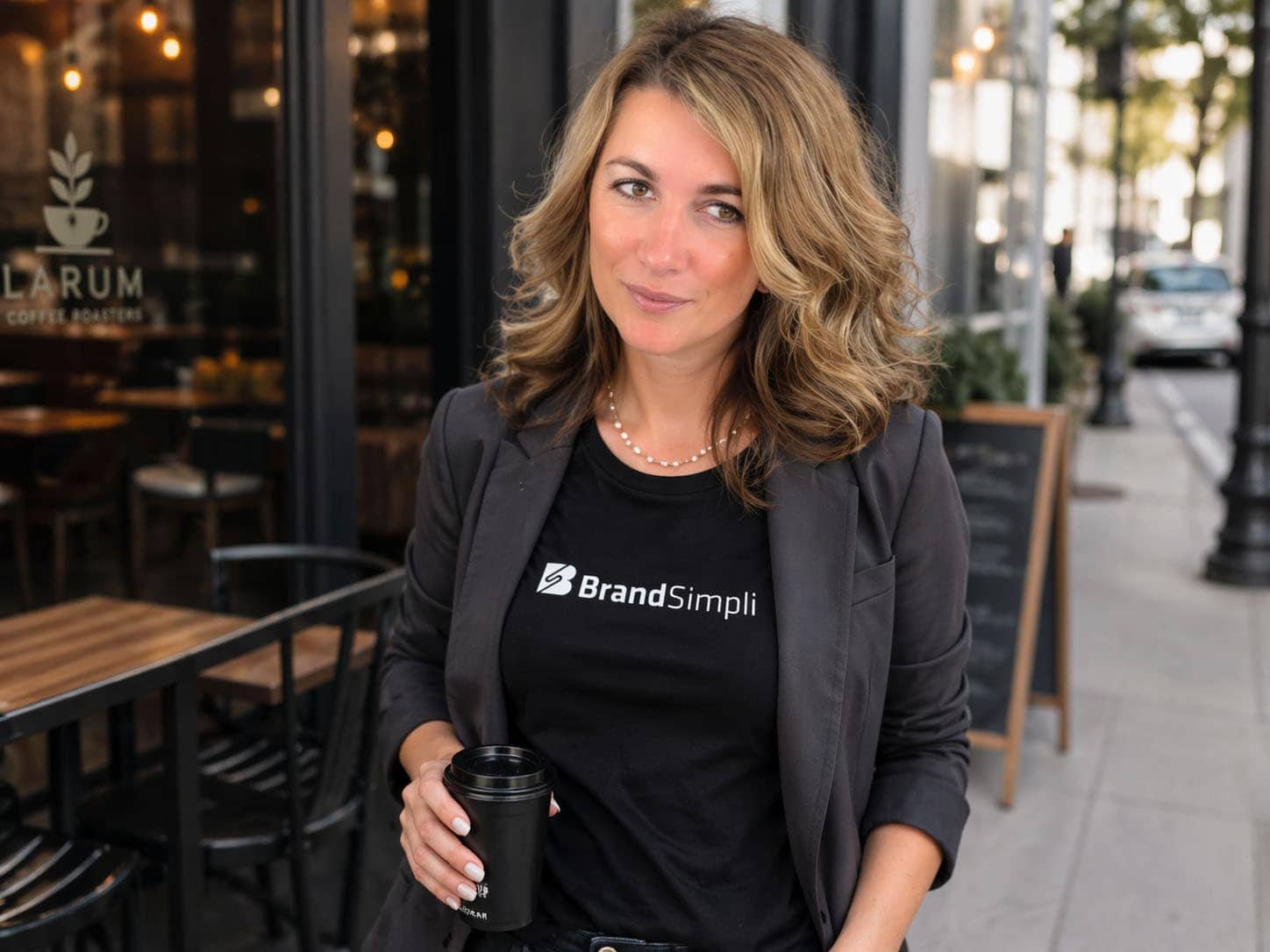 Frau mit BrandSimpli T-Shirt hält Kaffeebecher vor einem Café in der Stadt.