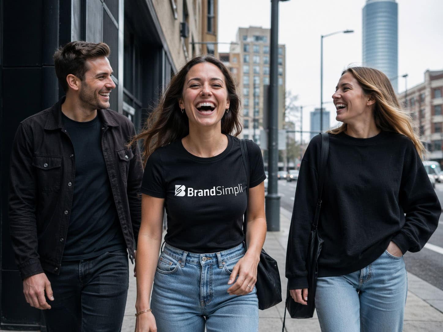 Drei junge Menschen lachen und unterhalten sich auf der Straße, BrandSimpli T-Shirt sichtbar.