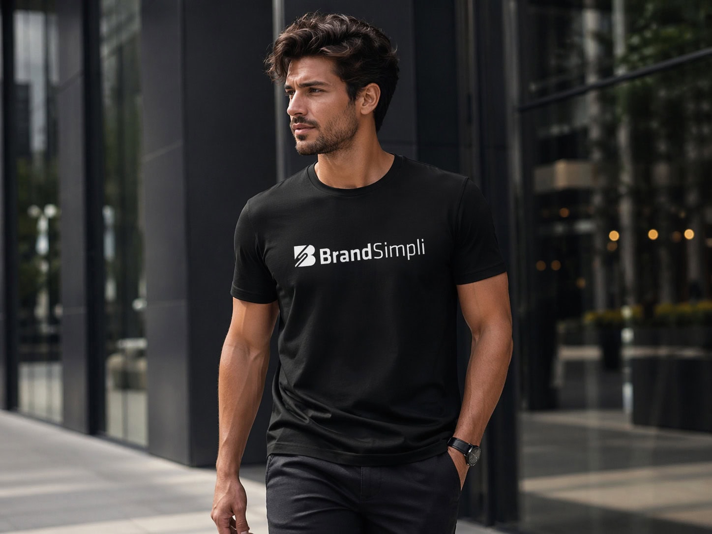Mann trägt schwarzes T-Shirt mit BrandSimpli Logo vor modernen Gebäuden.
