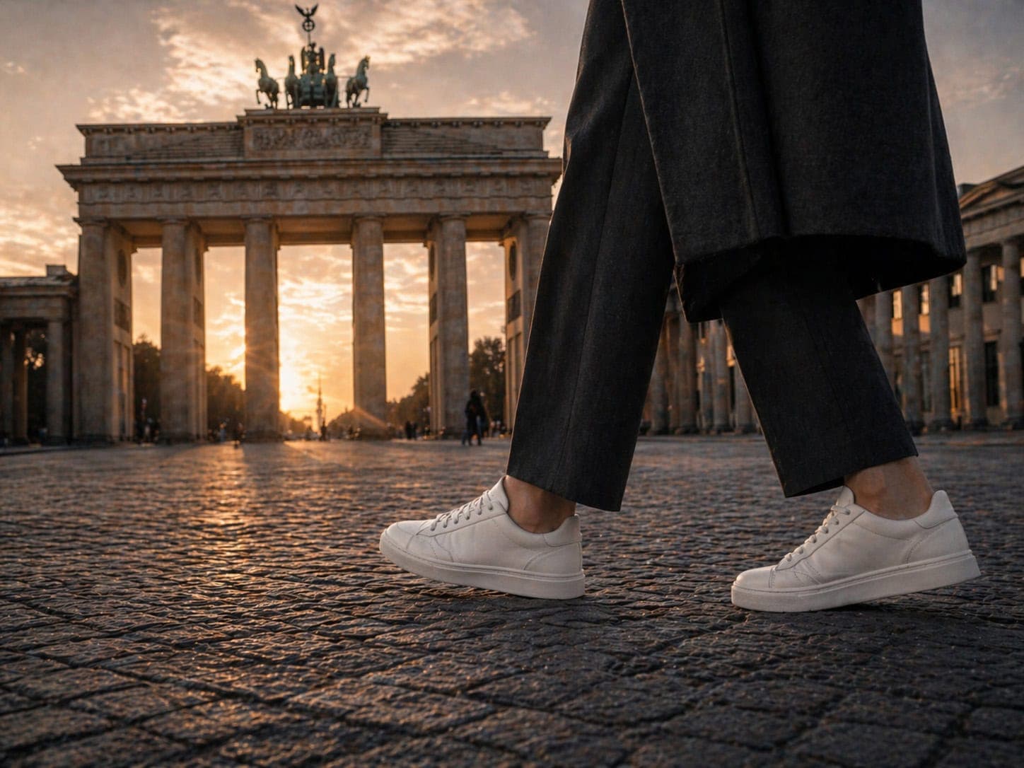 Person in weißen Sneakers vor dem Brandenburger Tor bei Sonnenuntergang, urbanes Stadtbild.