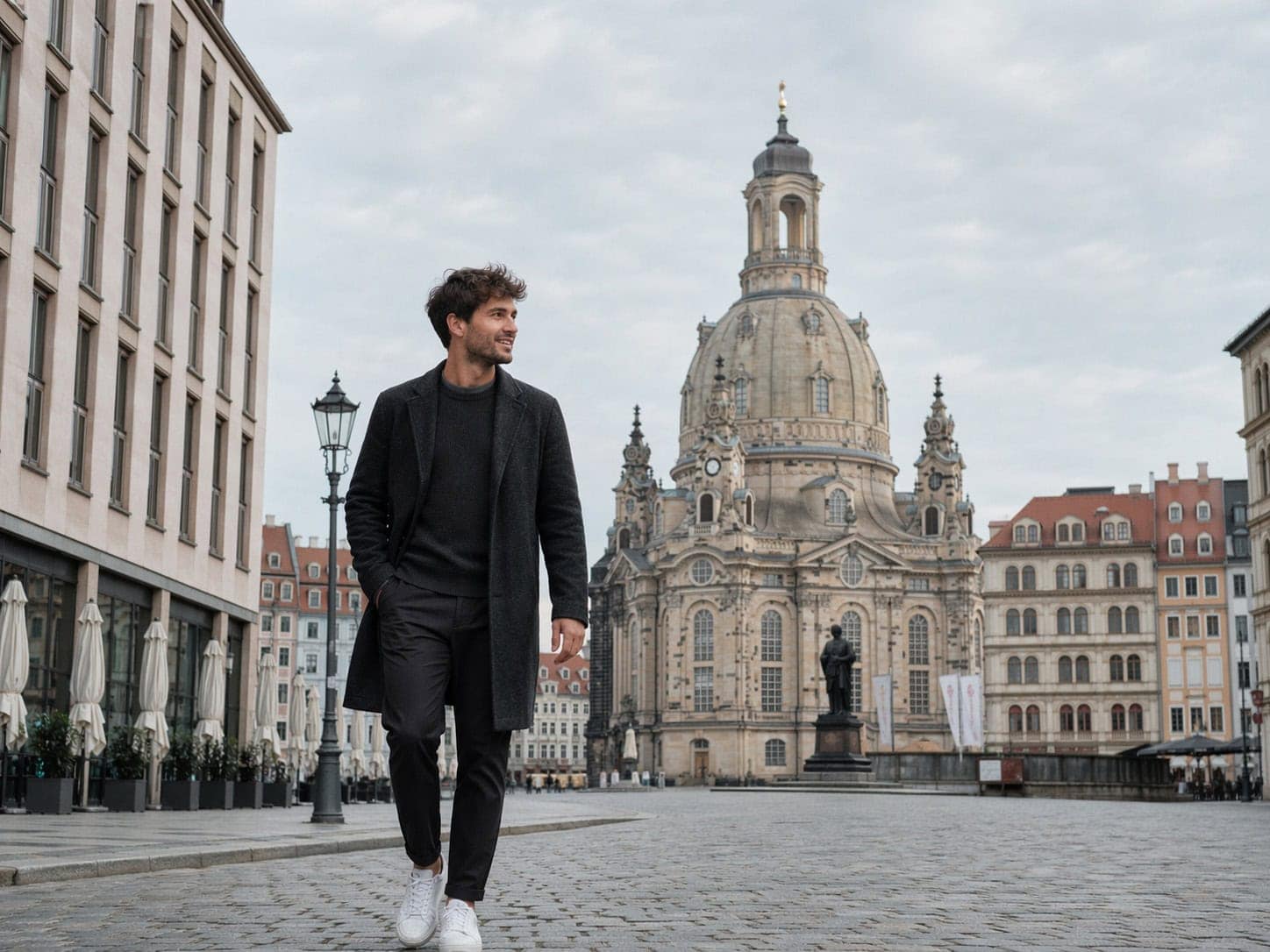 Mann spaziert in Dresden vor dem barocken Dom, urbanes Stadtbild, Tourismus.